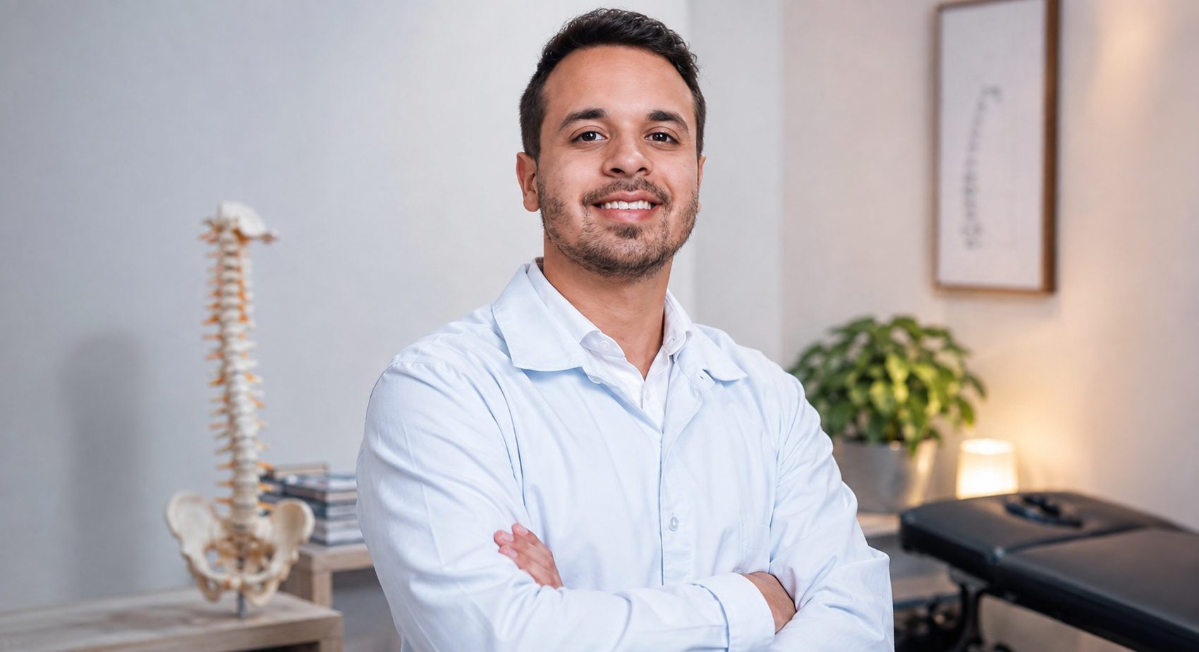 Rodrigo Pimenta, quiropraxista da clínica Ponto de Ajuste, em seu consultório no Boqueirão, Santos